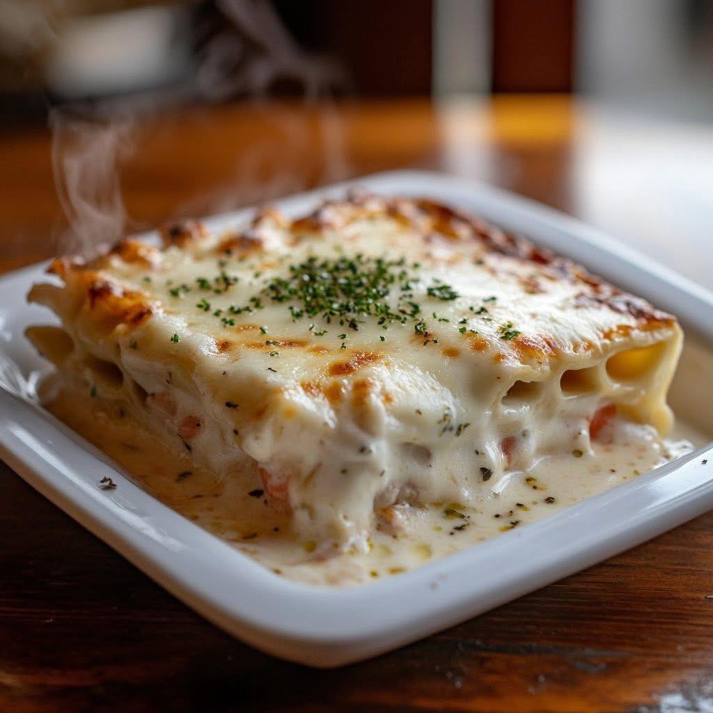Steaming baked pasta in creamy white sauce, fresh from the oven