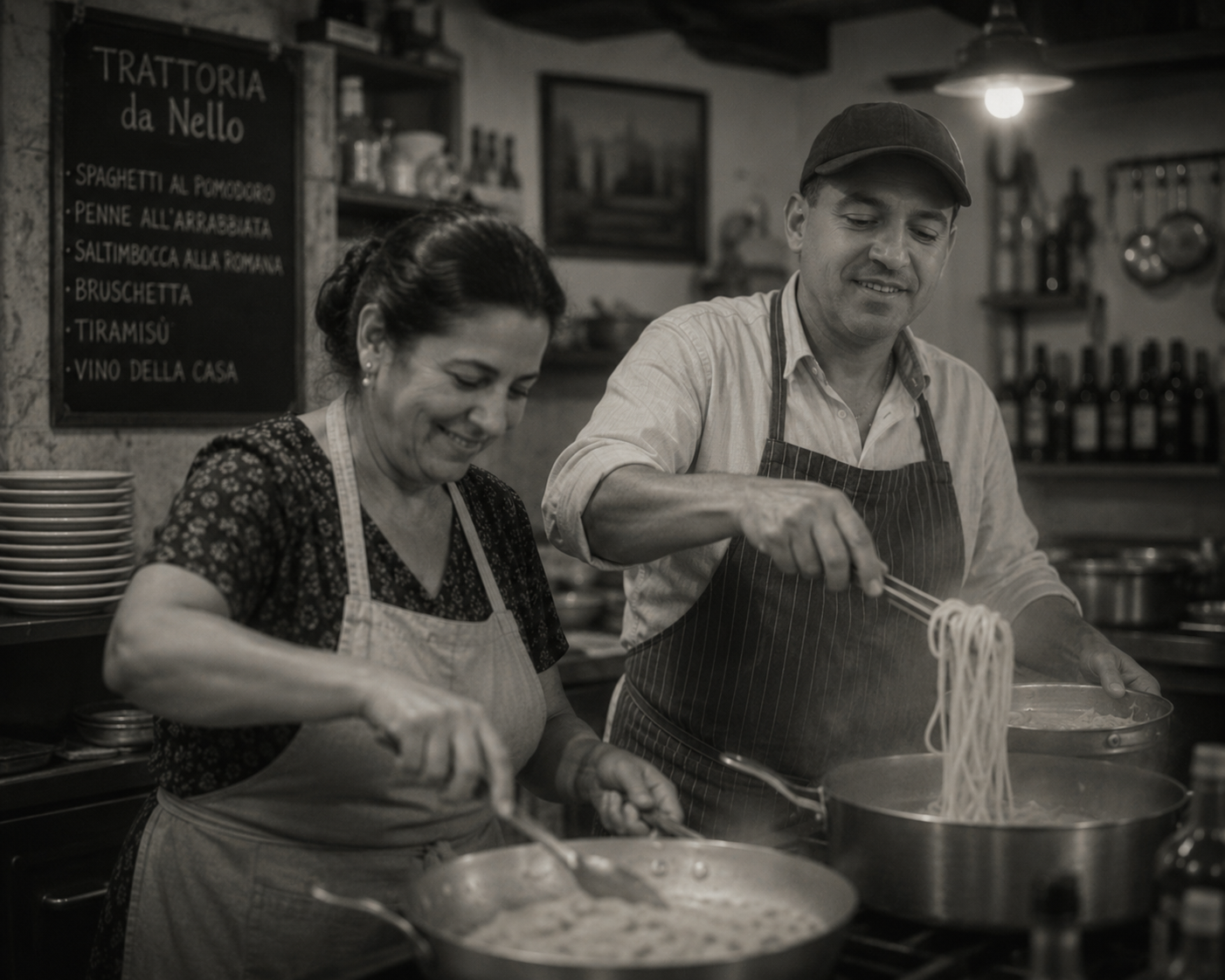 Mike and Suzana plating pasta together