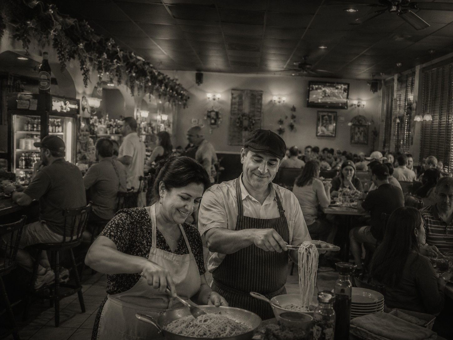 Mike and Suzana cooking in the packed dining room of Naples Italian