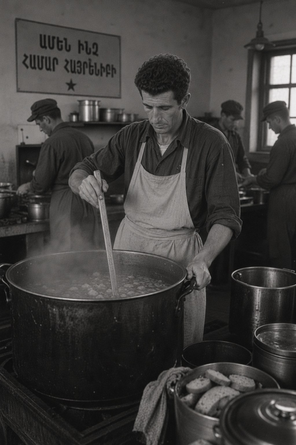 The grandfather in an apron, stirring an enormous pot in a military mess kitchen