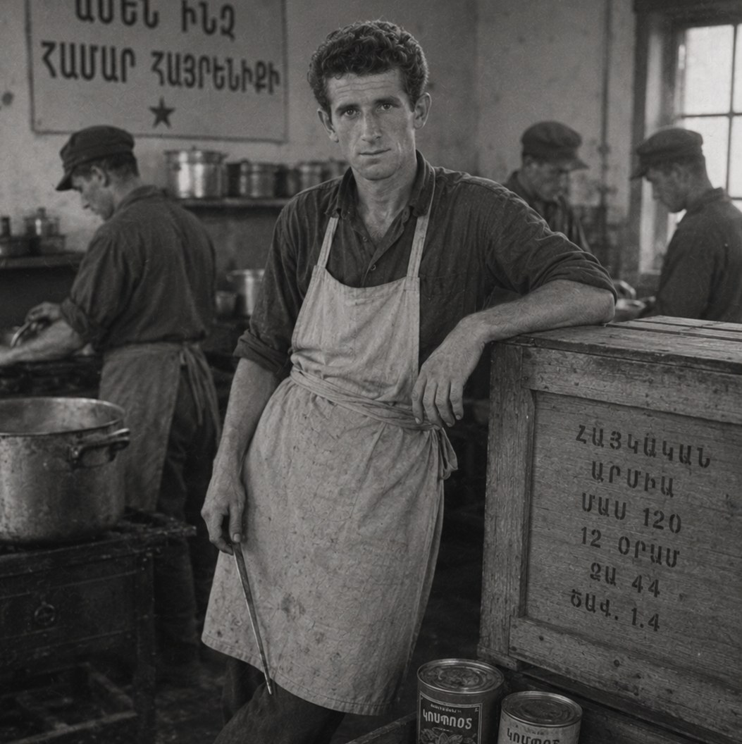 The grandfather as a young army cook, in an apron beside an Armenian-lettered supply crate